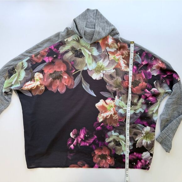 Zara W&B Floral Chiffon Sheer Front Gray Fine Knit Roll Neck Turtleneck Top L - Picture 7 of 10